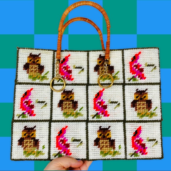Vintage Handbags - Vintage 70s Cardinal Owl Needle Point Cross Stitch Patchwork UNIF Style Tote Bag
